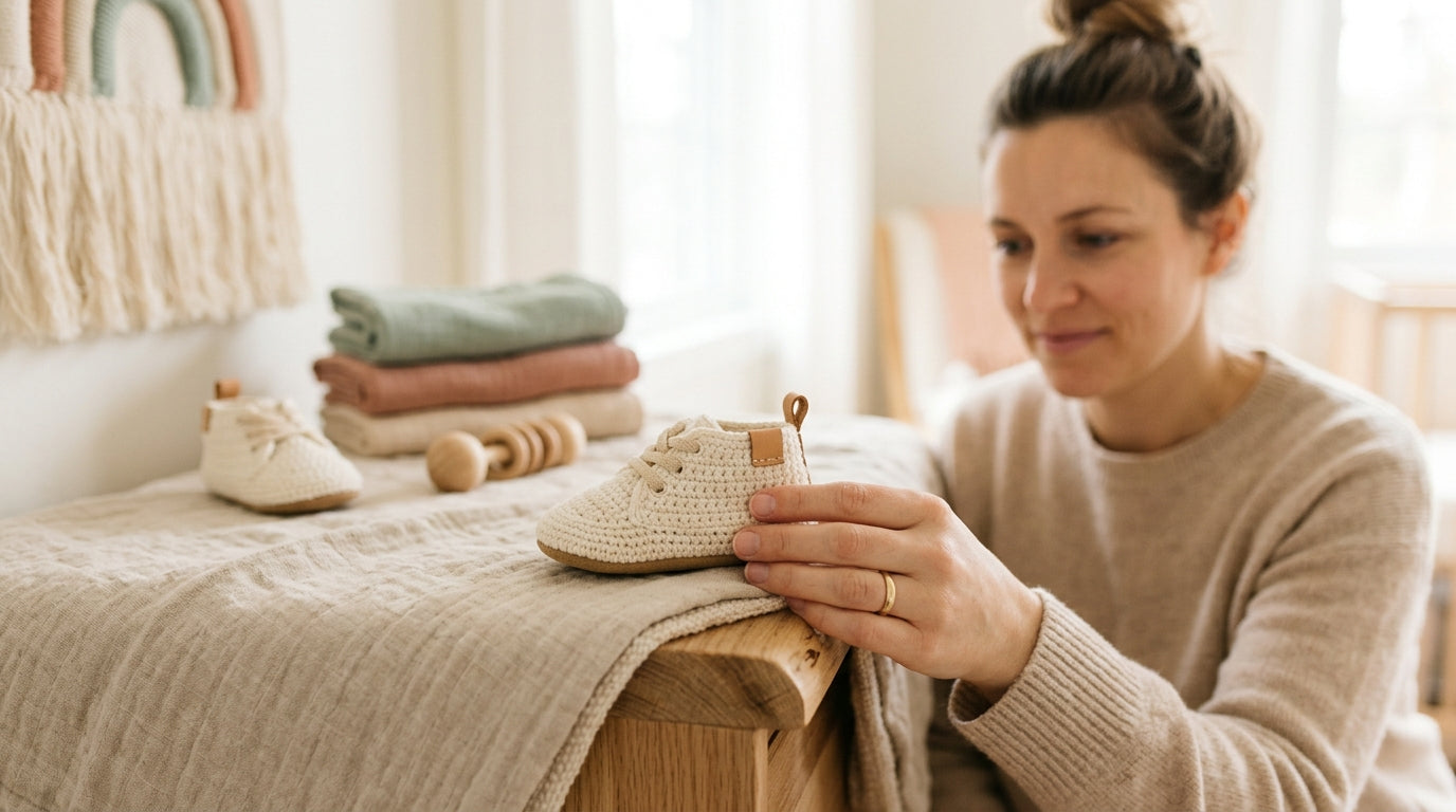 A toddler wearing flexible baby shoes while trying to stand up next to a living room couch.