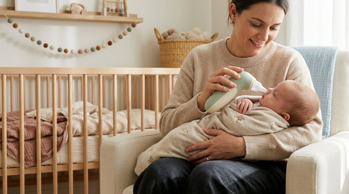 Tired mother holding a baby nasal aspirator in a dimly lit nursery.