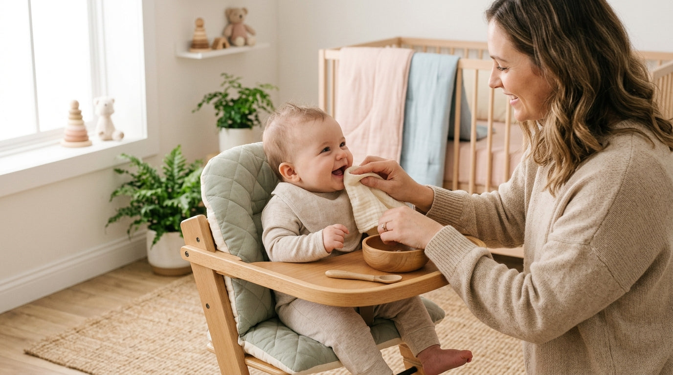 Confused mom holding coffee while looking at baby contest pictures on her phone.