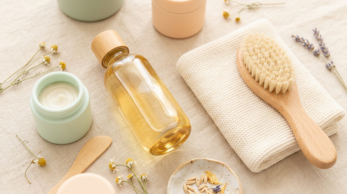 A wooden baby gym with hanging animal toys over a soft rug