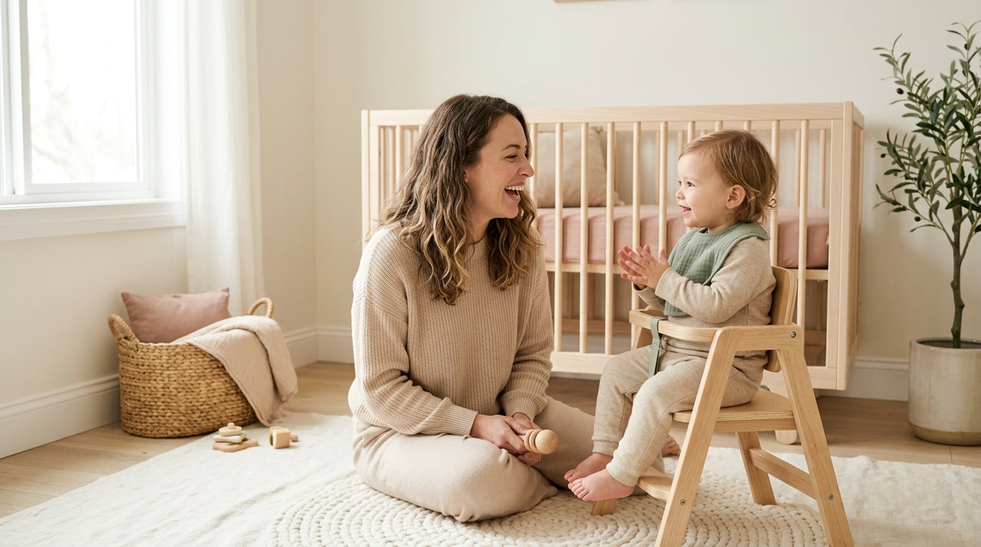 Mom in messy bun holding a baby while dancing to 90s pop music in her living room
