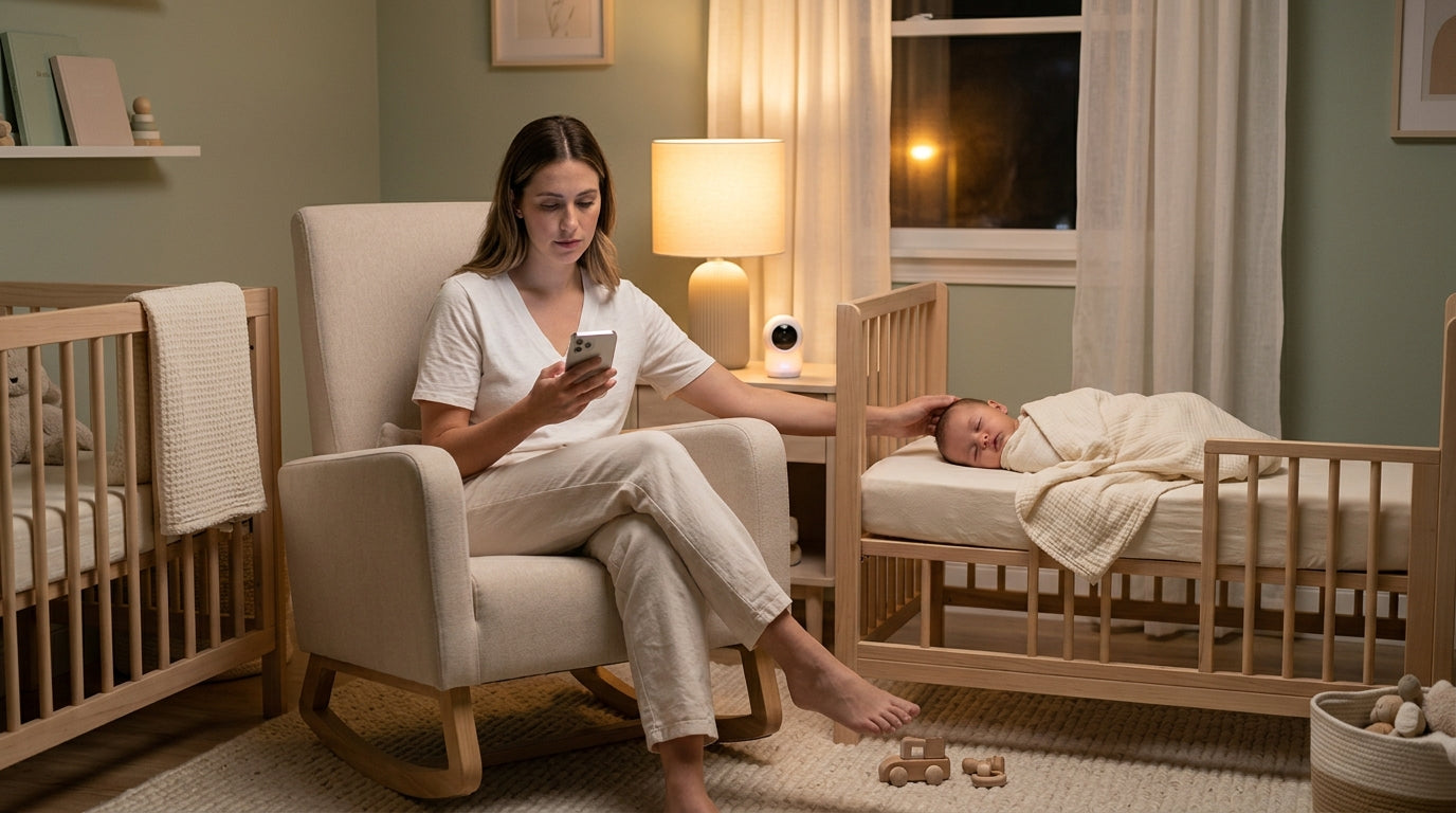 Exhausted dad holding his baby while looking at a smartphone in a dark nursery