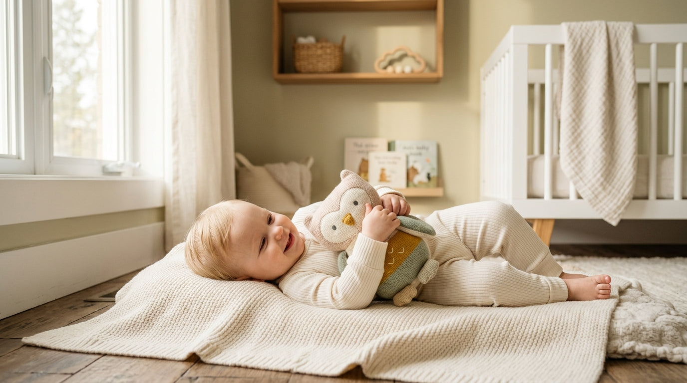 Marcus holding a sleepy baby in an owl sleep sack next to a stack of toddler books.