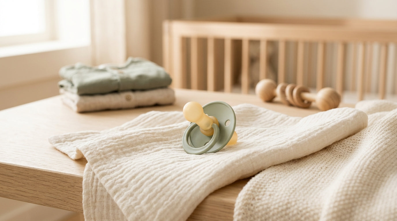 A tired mom holding three different types of baby pacifiers in her hand.