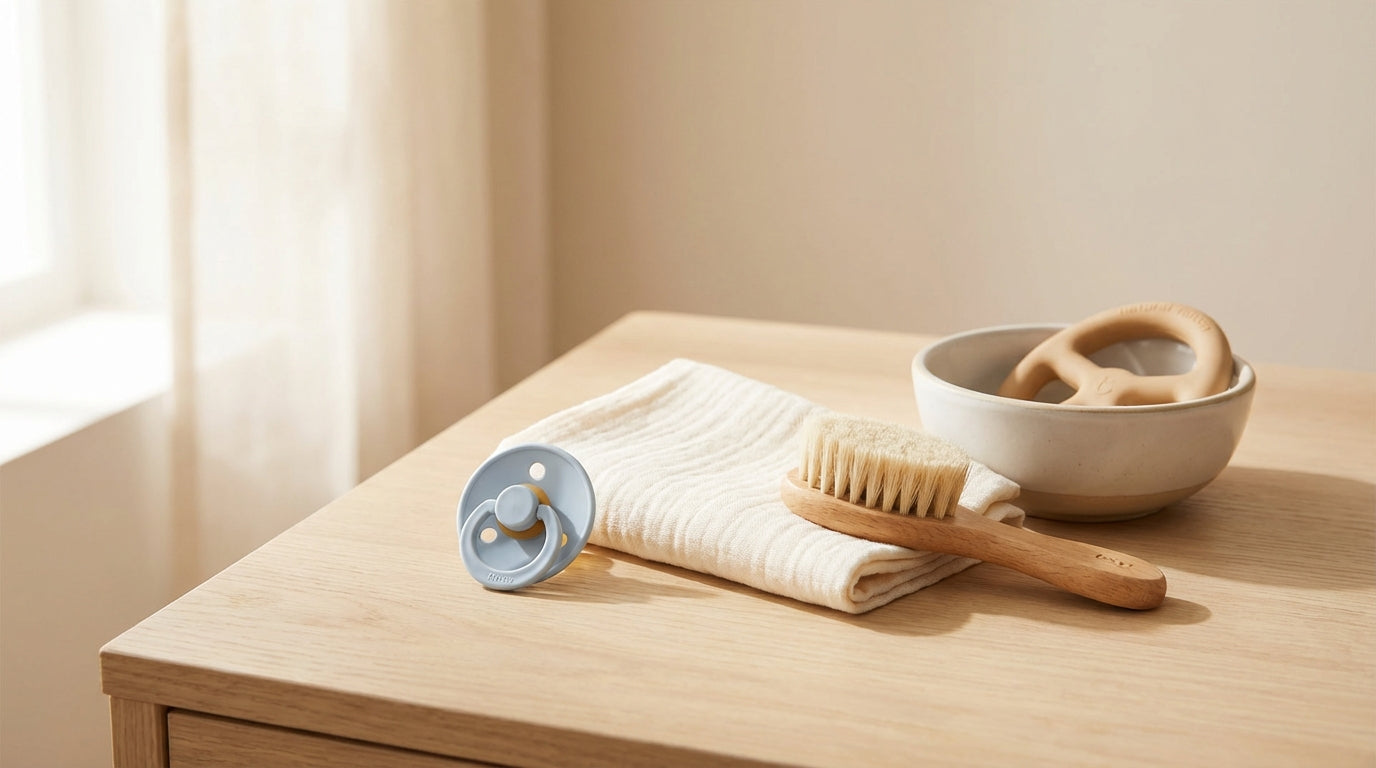 A half-drunk cup of coffee next to a silicone baby pacifier and a wooden pacifier clip on a kitchen counter.