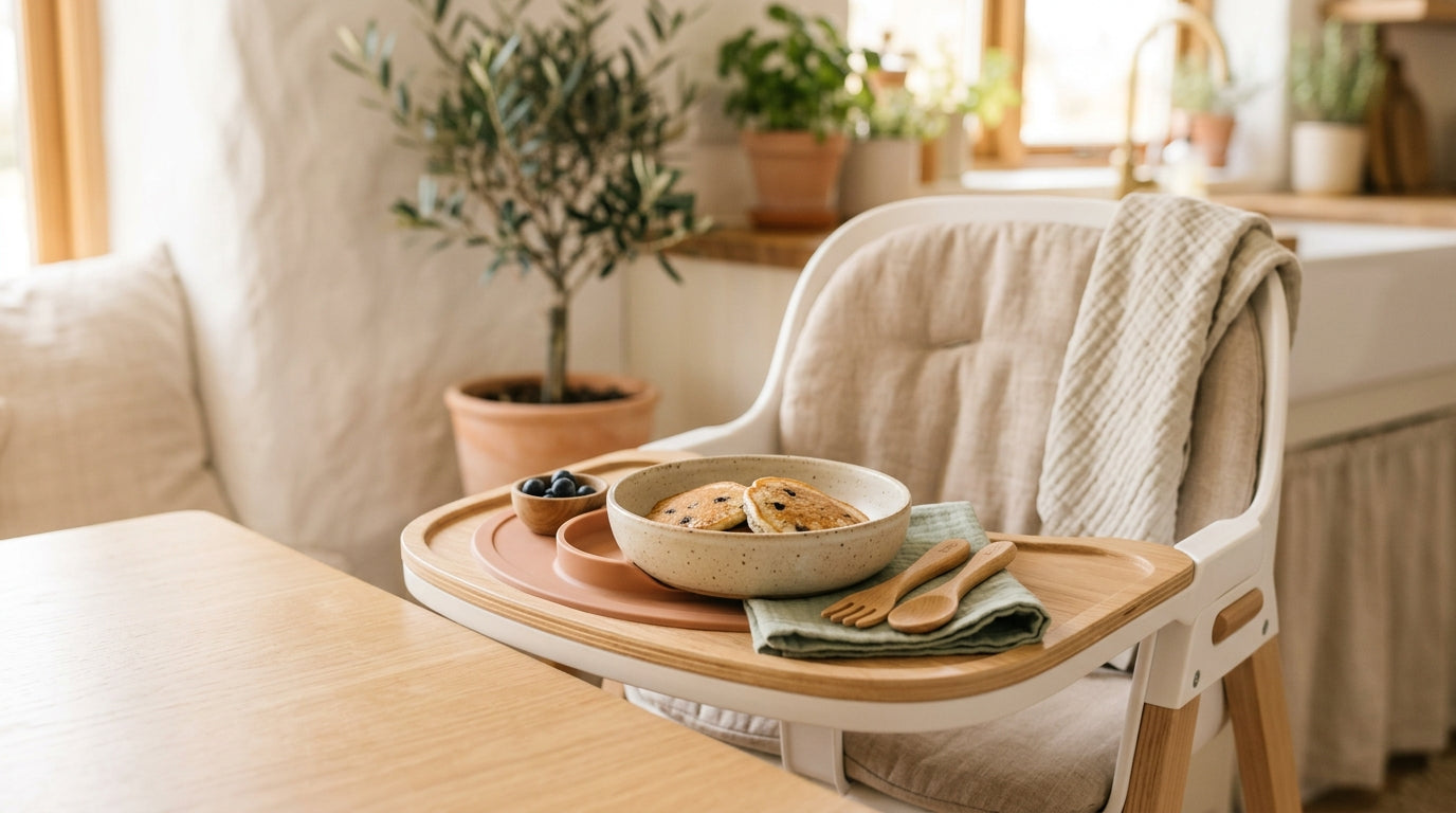 A messy kitchen table with scattered baby pancake pieces and a wooden highchair