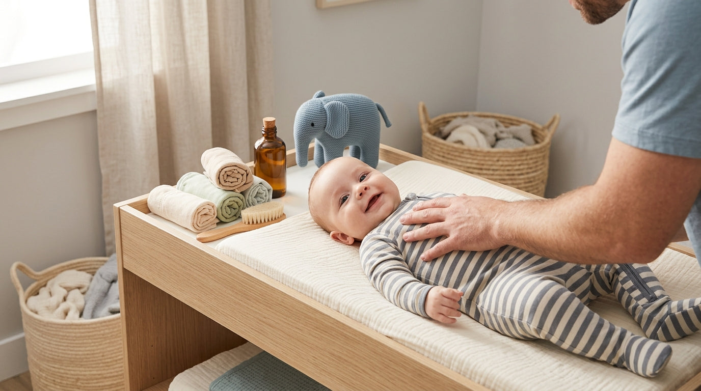 Tired dad holding two babies looking exhausted on the sofa