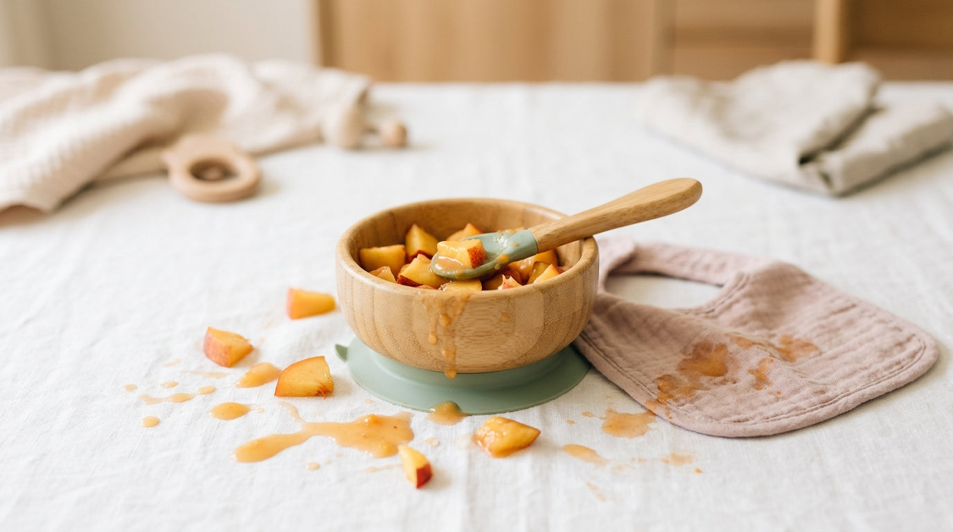 A stressed millennial dad trying to wipe sticky fruit puree off a wooden highchair.