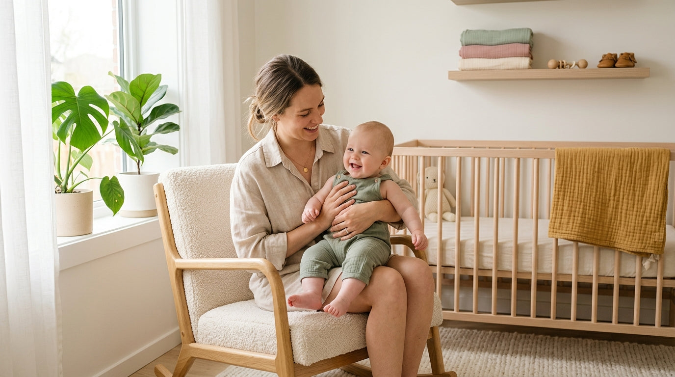 Stressed mom sitting on the living room rug looking at a baby percentile calculator on her phone