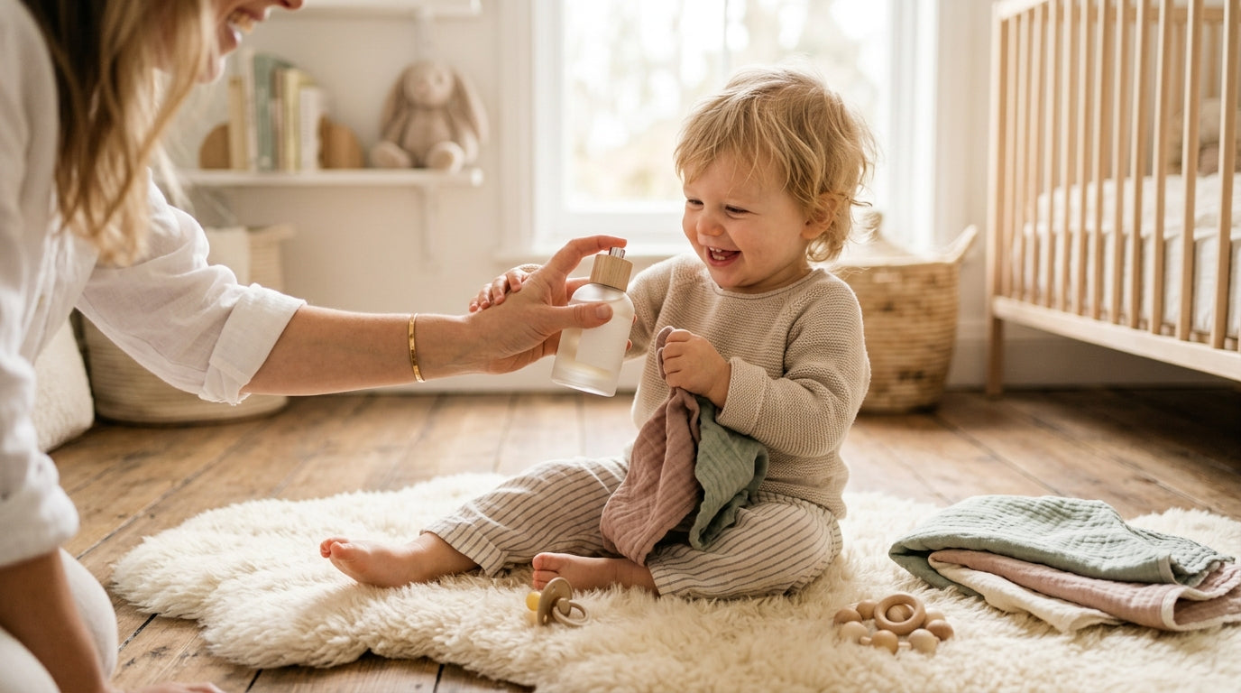 A frustrated mom holding a baby and a cup of coffee next to baby perfume