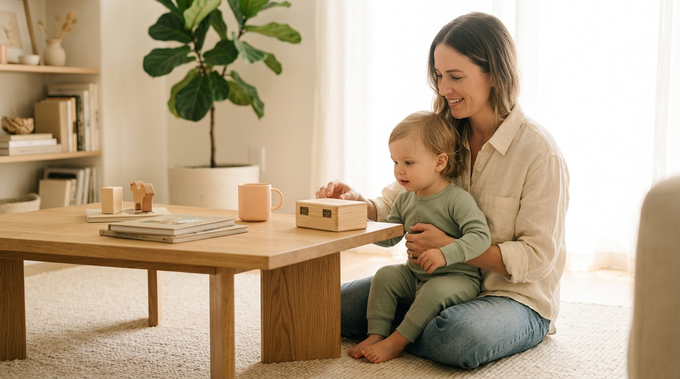 A stressed mom holding a coffee mug next to a baby in a highchair