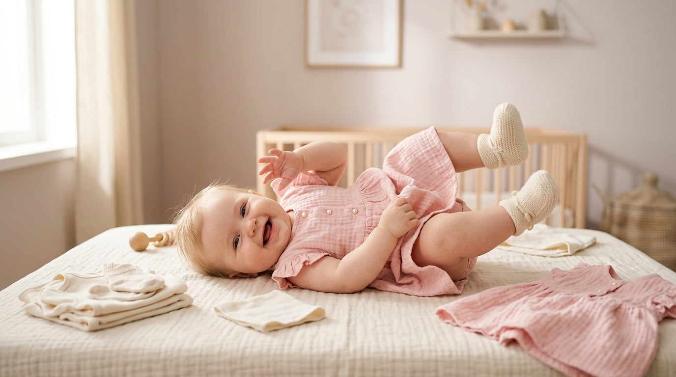 A frustrated infant wearing a fluffy baby pink dress sitting on a wooden floor