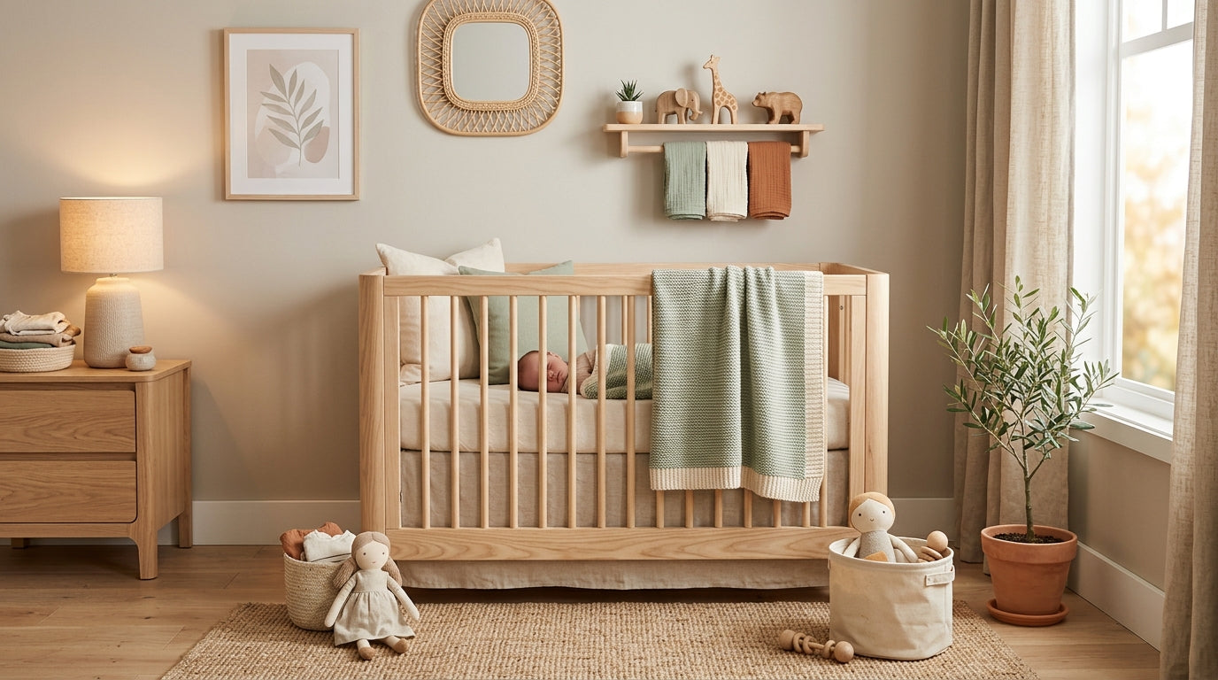 A soft pink swaddle next to natural wood teething toys on a white rug