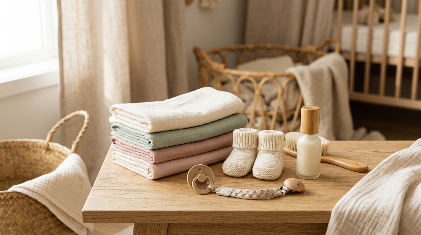 Tired mom holding baby and coffee cup while reading baby prep lists