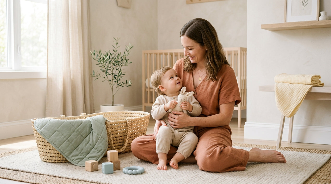 Exhausted mom holding a coffee cup while a stranger gives unwanted baby advice in a store