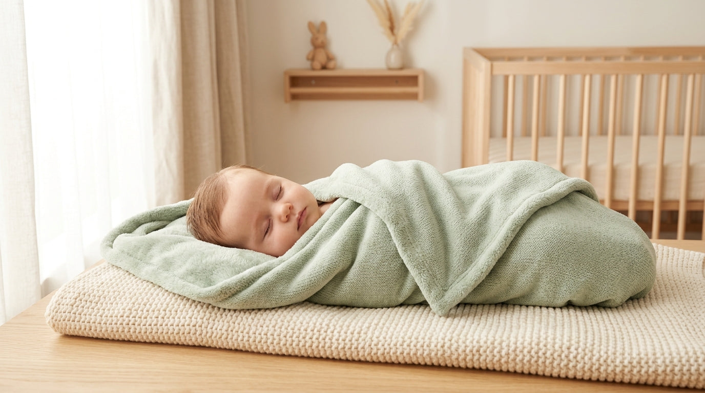 Tired dad sitting on the floor surrounded by folded baby plush blankets