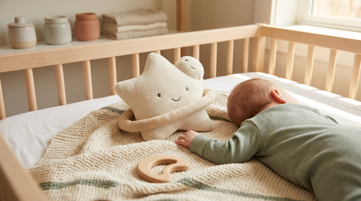 Exhausted mom in stained sweatpants holding a sleeping newborn while holding a cold cup of coffee