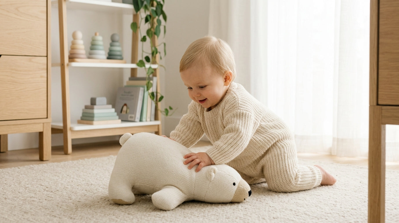 Exhausted dad holding coffee while his 11-month-old plays on an organic polar blanket
