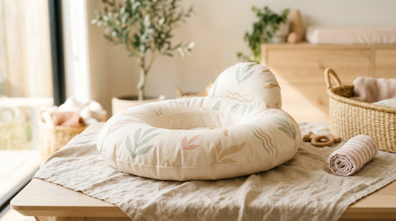 A mother holding a baby near a backyard swimming pool in the summer