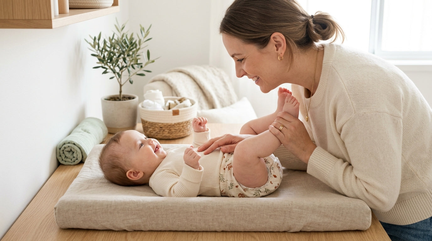 Close-up of a concerned mom changing a diaper while holding a flashlight.