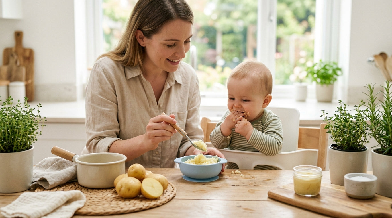 Quartered roasted potatoes on a silicone plate for a child
