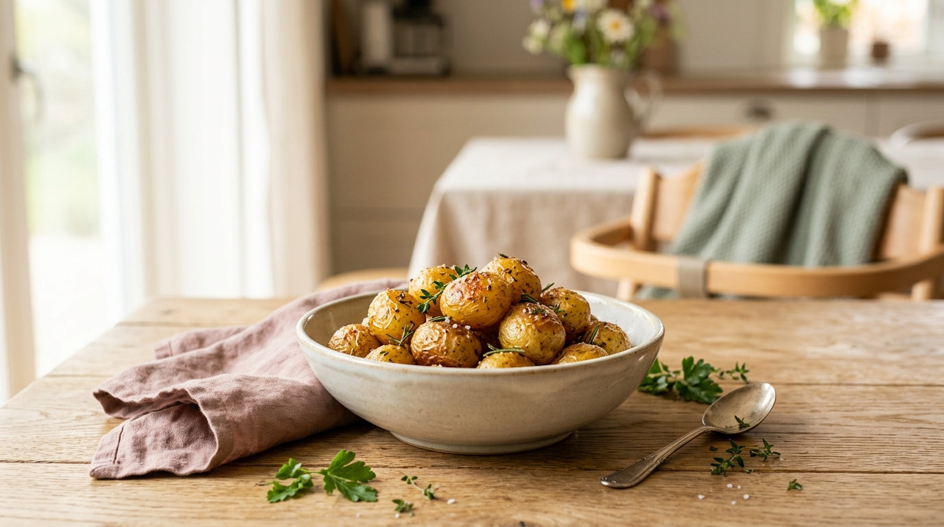 Safely prepared air fryer baby potatoes on a highchair tray