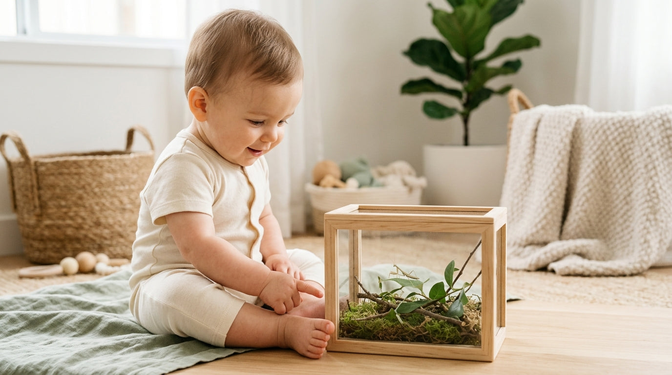 A tiny green baby praying mantis crawling on my finger while my 11-month-old tries to grab it in our kitchen.