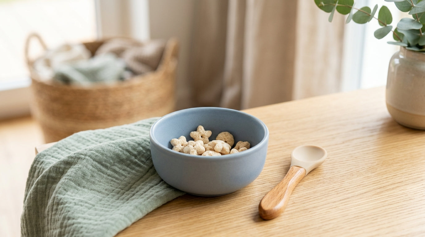 Baby sitting in a high chair playing with a handful of meltable finger foods