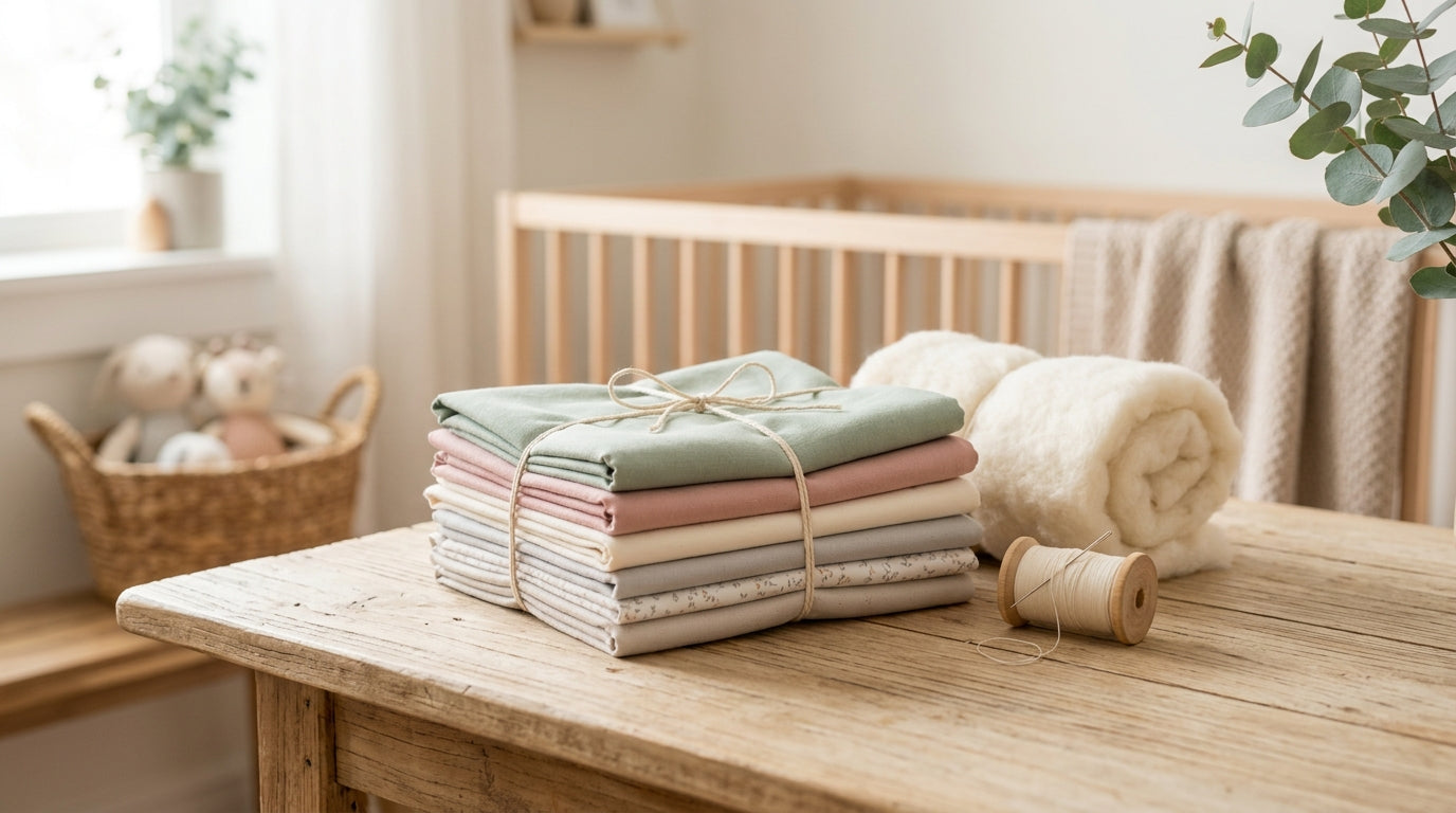 A dad looking confused at a pile of pre-cut quilt fabric squares on a table
