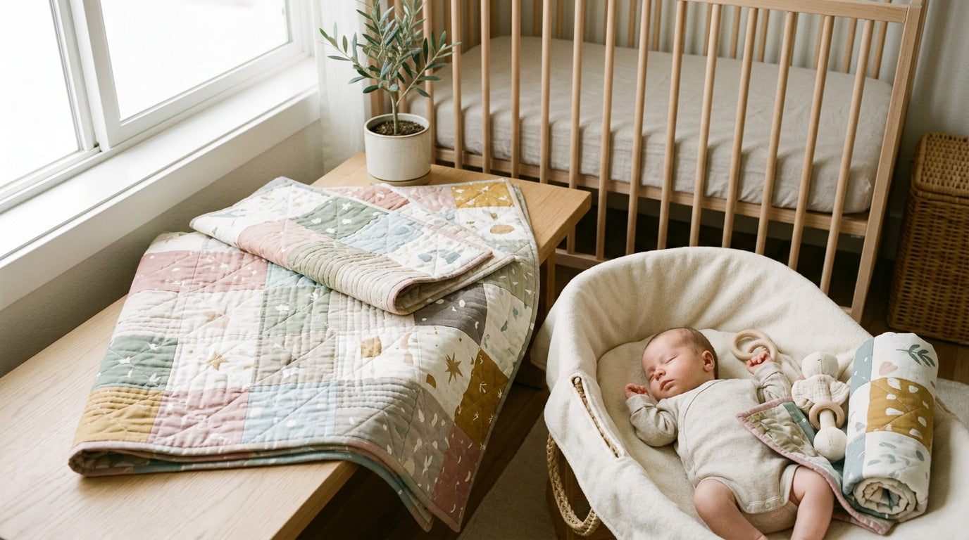 A confused dad looking at a complicated baby quilt pattern on his laptop
