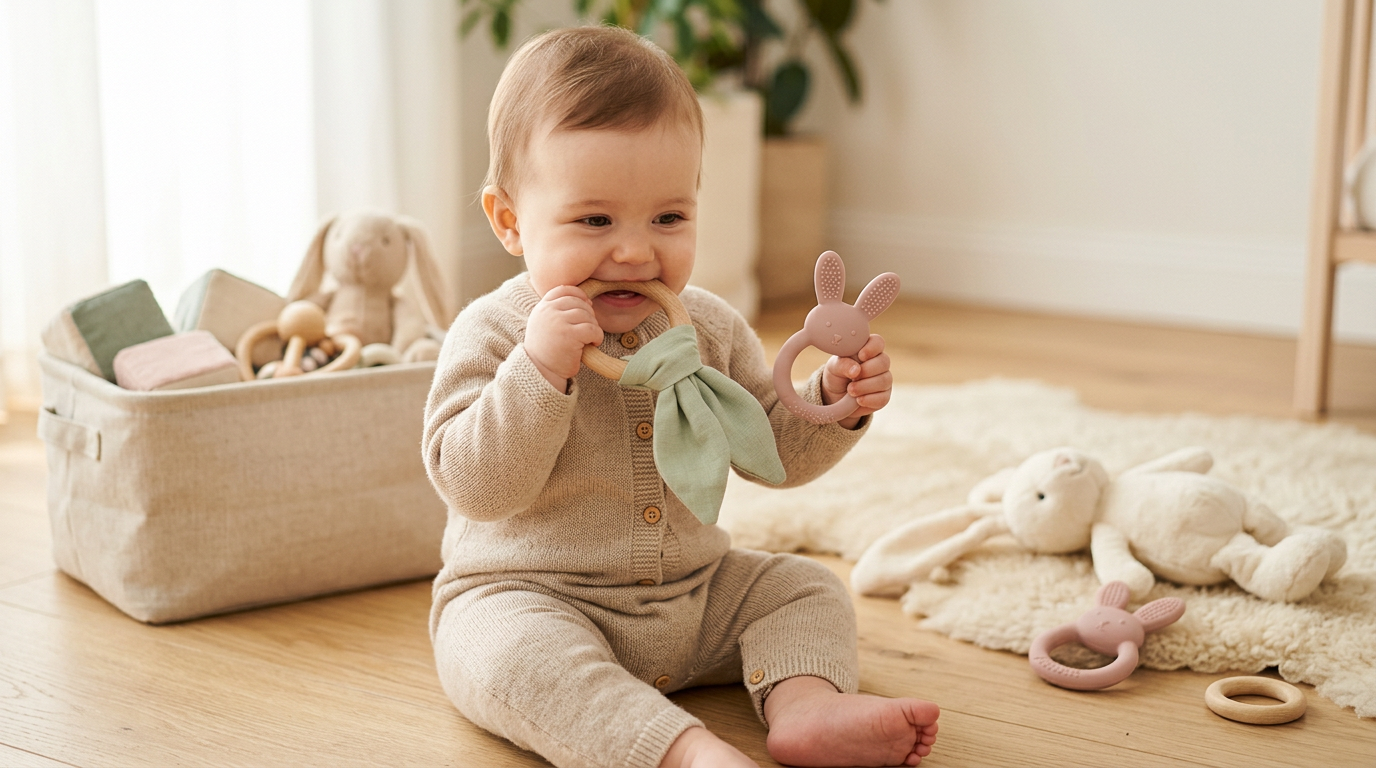 A baby holding a wooden bunny teething ring on a nursery rug