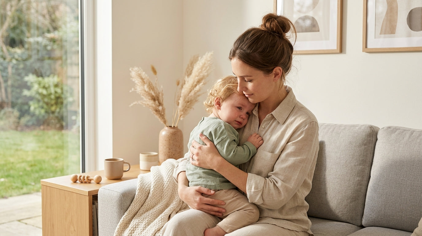 Stressed mom holding a crying toddler in a grocery store aisle while looking exhausted.