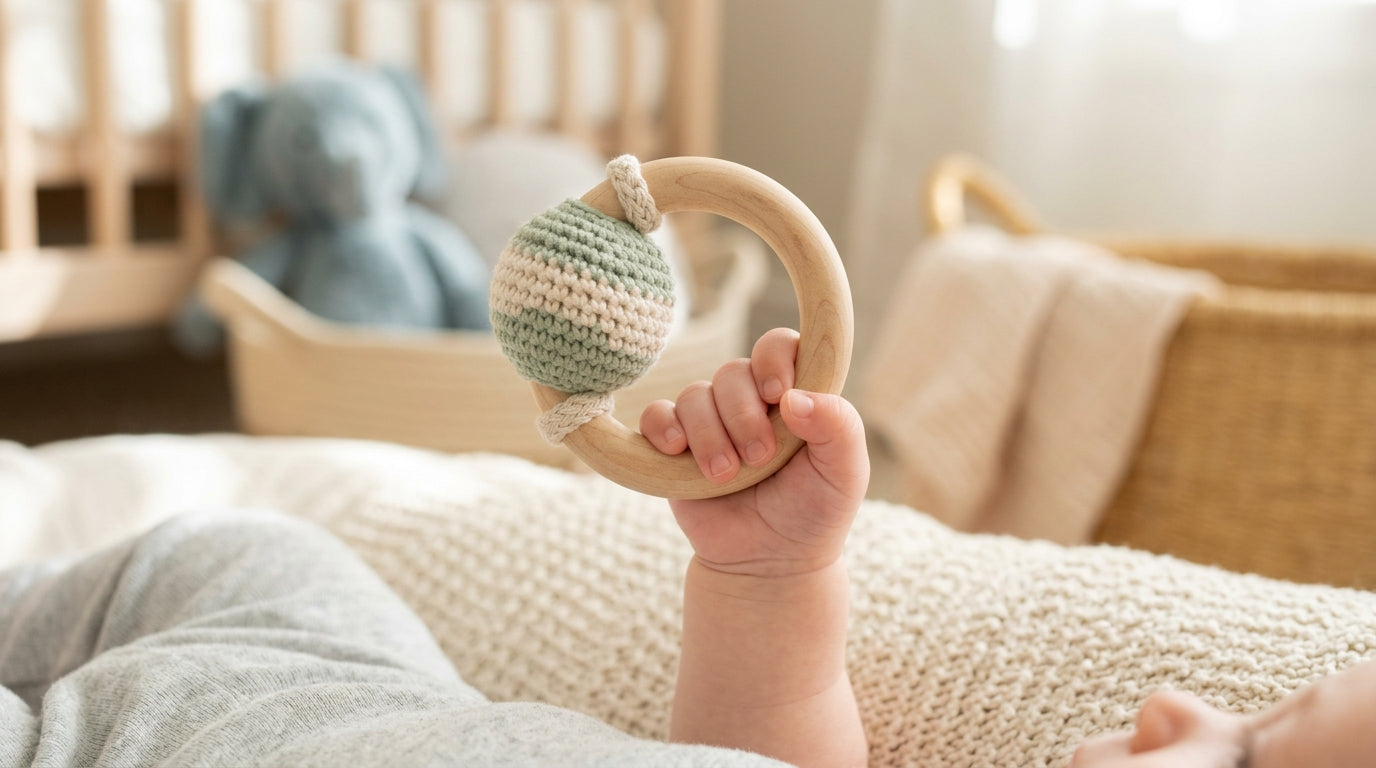 A stressed dad holding a silicone panda teether while researching reptile facts on his phone