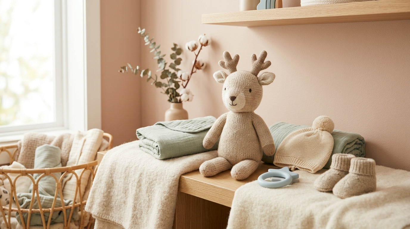 A confused dad looking at his phone next to a baby in an organic cotton bodysuit