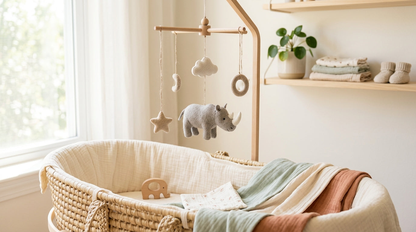 A tired mom folding oversized sleep sacks while her infant in a hip dysplasia brace plays on the floor.