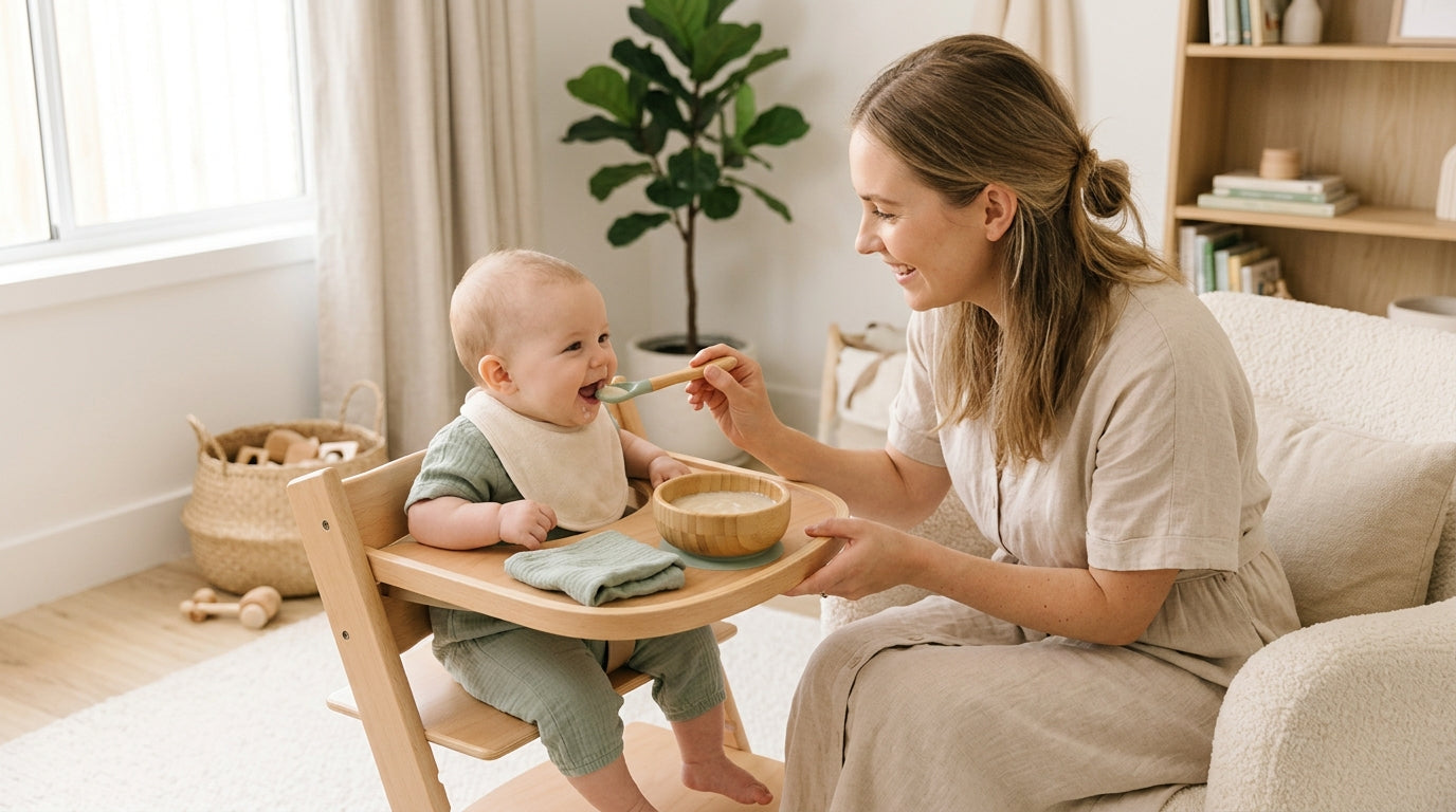 Baby looking confused at a messy bowl of pureed food