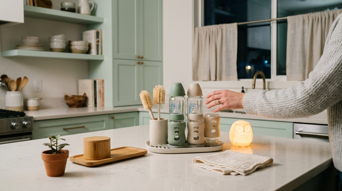 A tired mom holding a coffee mug looking down at the kitchen floor in shock.
