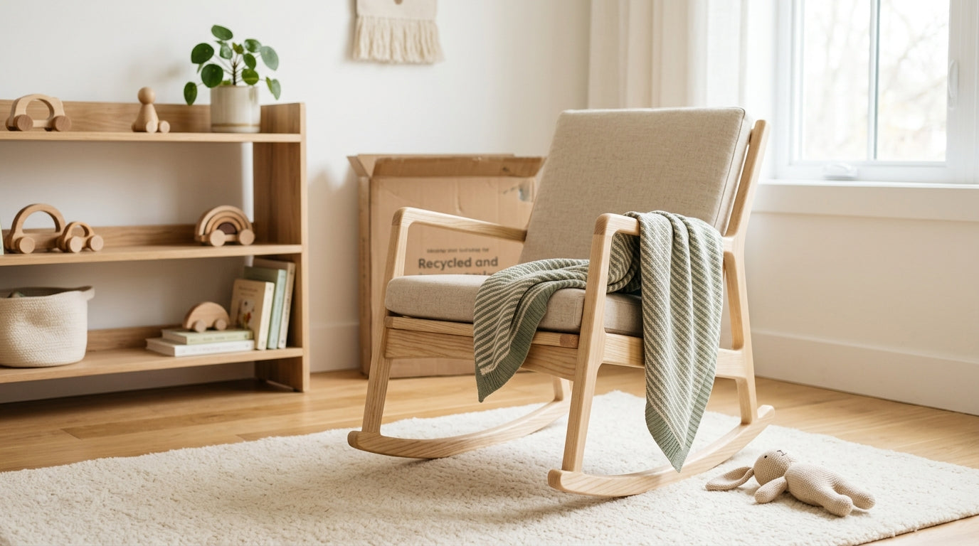 Exhausted mom staring anxiously at a baby rocker in a messy kitchen