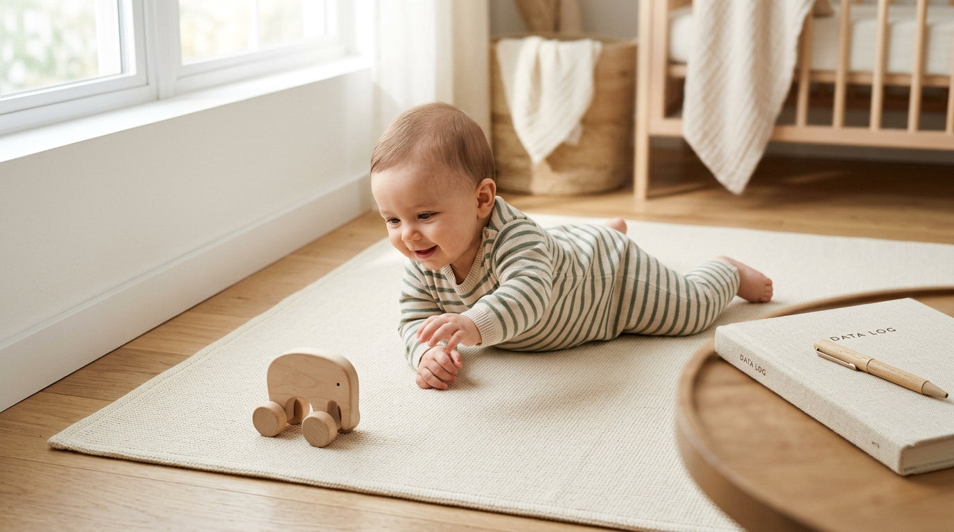 A bewildered dad watching his infant practicing tummy time on a playmat.