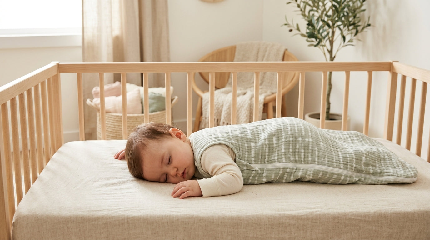Tired mom staring at baby monitor while infant sleeps on stomach in crib