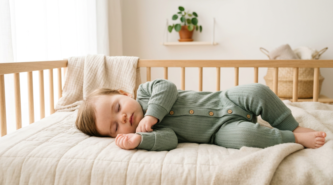 A bewildered dad looking at an organic cotton baby romper while holding a digital thermometer.
