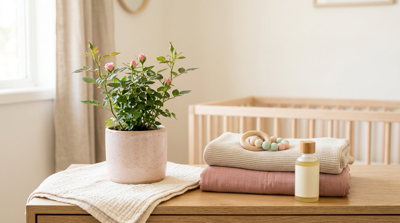 Toddler in organic cotton pointing at a pink baby rose bush in a Texas yard