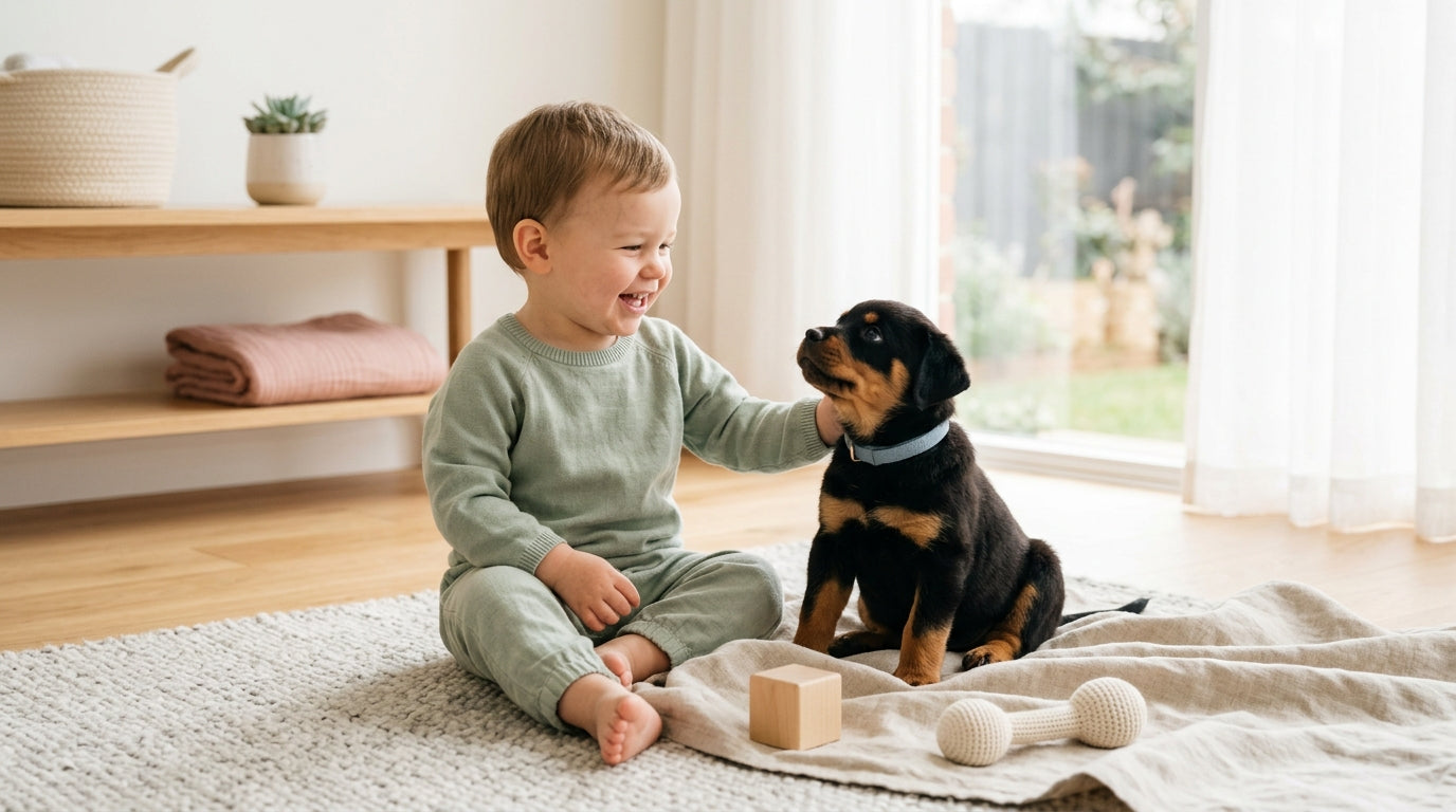 Tired dad separating baby toys from massive dog chew toys on a living room rug