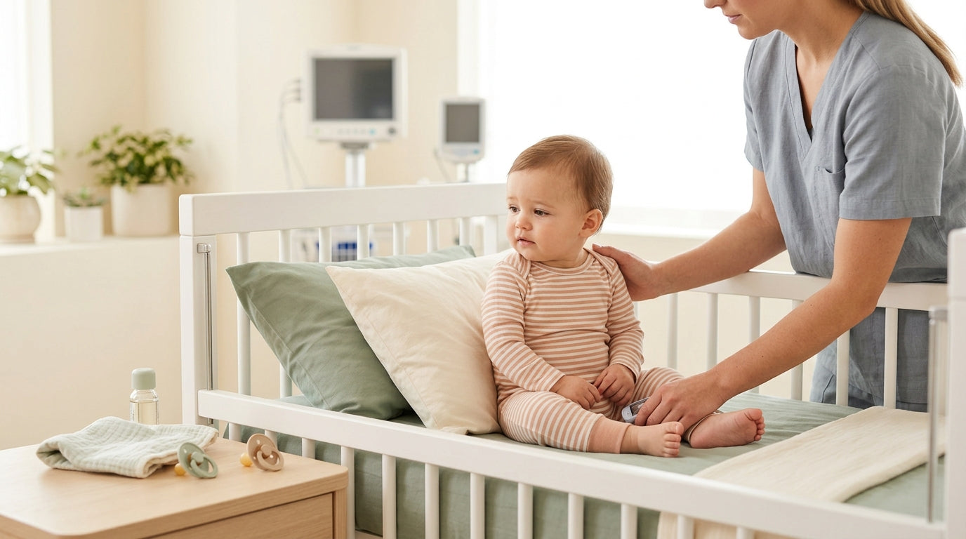 A tired mom holding her sick baby next to a cool mist humidifier