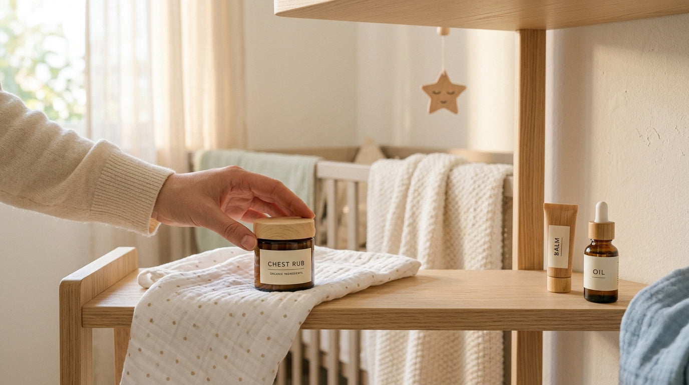 Exhausted mom rubbing camphor-free ointment on a baby's chest before sleep.