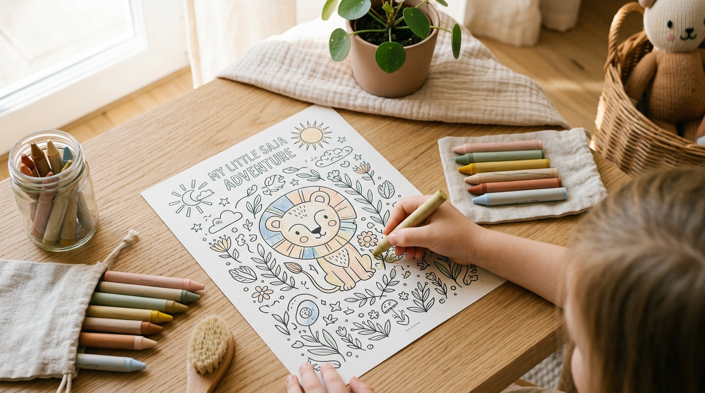 A printed baby saja coloring page with non-toxic markers scattered on a wooden table