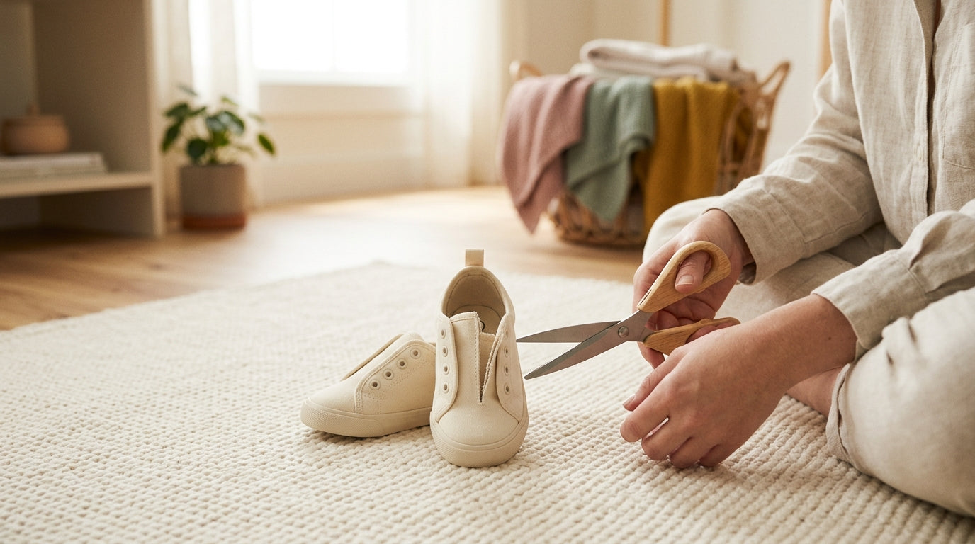 A mom holding tiny black and white infant sneakers with cut elastic laces