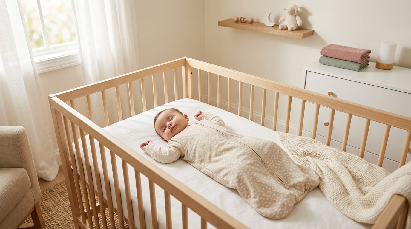 A messy pile of organic baby sleepwear and sleep sacks on a wooden dresser