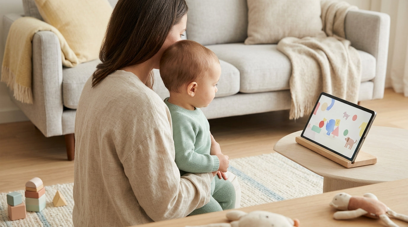 Baby playing on a wooden playmat while a television plays a nature documentary in the background