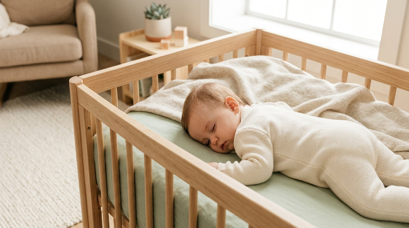 A tired baby shaking head side to side in an organic cotton sleep sack
